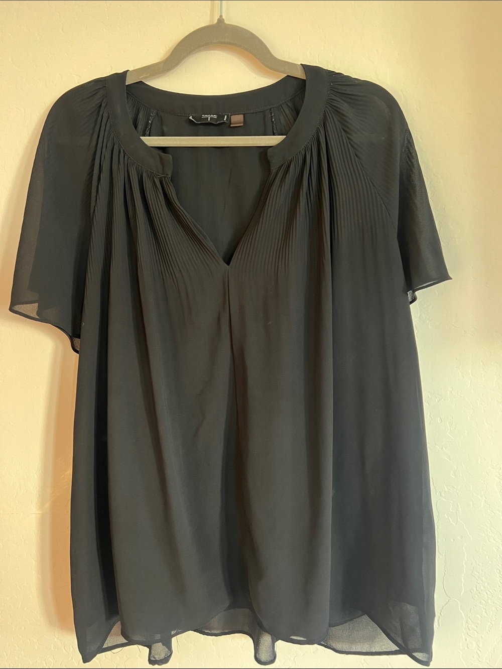 Tahari Black Pleated V-Neck Flutter Sleeve Blouse